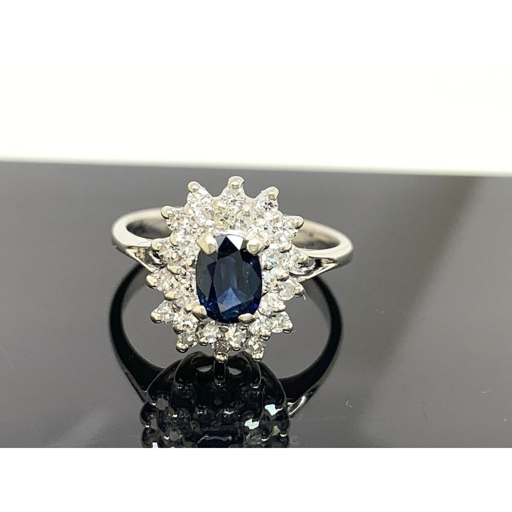 Blue Gemstone Diamond Cocktail Ring 14k White Gold Estate Women's Size 4.75